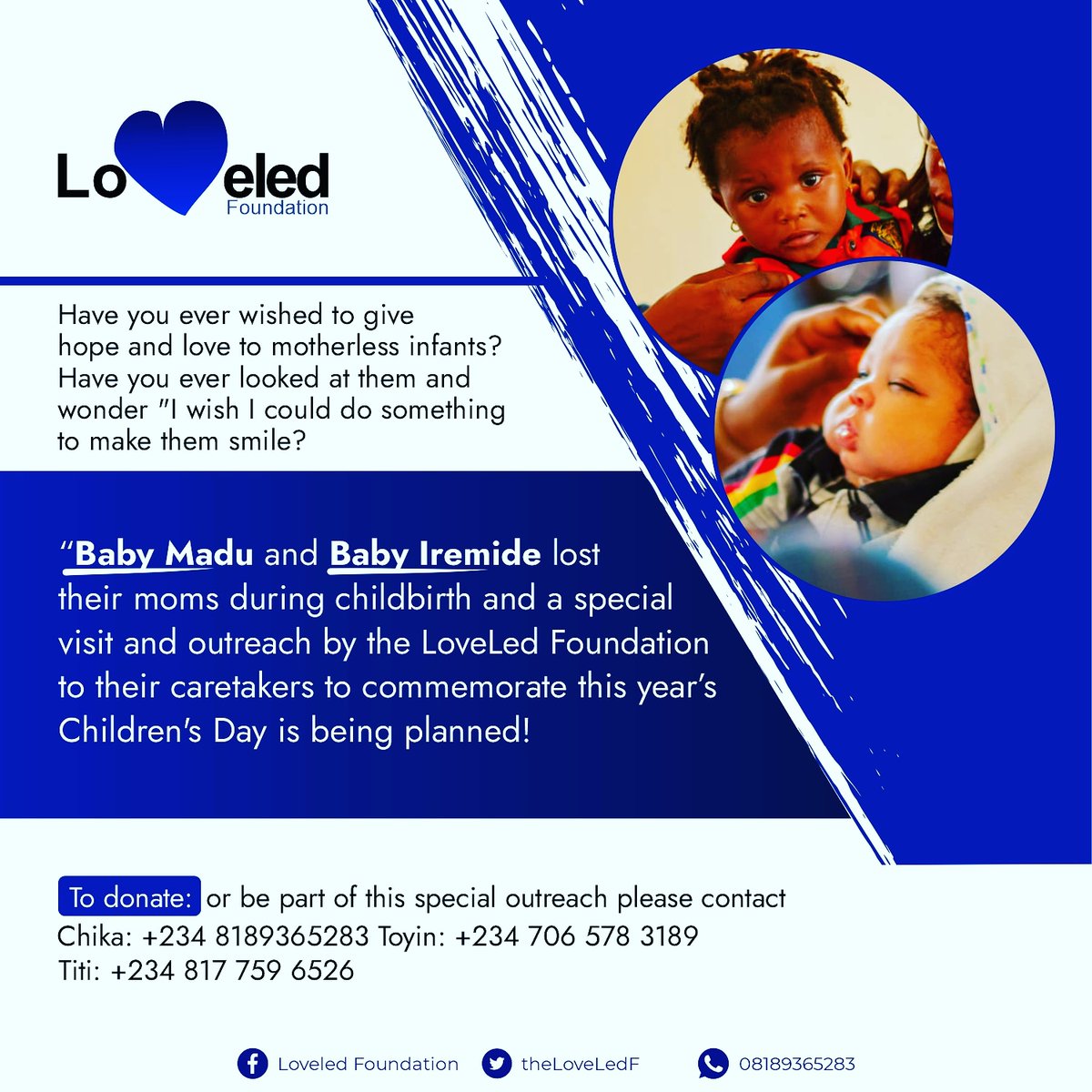 theLoveLedF's tweet photo. "There's something about loosing your mother that is permanent and inexpressible - a wound that will never quite heal" 
Susan Wiggs

We can't heal little Madu's and Iremide's wounds occasioned by their moms death at birth BUT ...... https://t.co/uMsno0g5LR