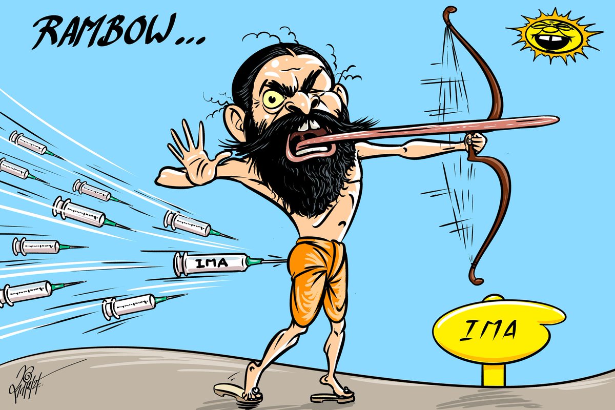satyoday's tweet photo. @IndiaTodayFLASH Rambow 
(This image is subject to copyright.)
#Ramdev #allopathy #ayurvedic #homeopathy #IMA #Cartoon #satishupadhyaycartoonist https://t.co/kgDIWcsUfK