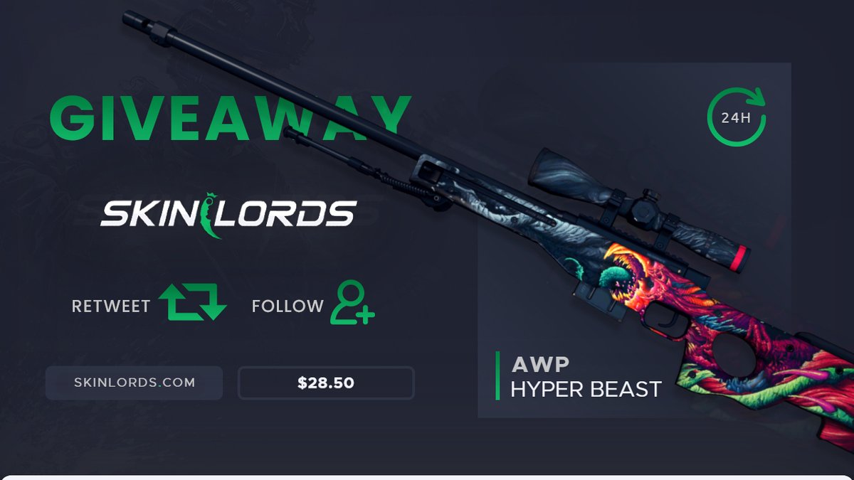 SkinLords's tweet photo. AWP Hyper Beast 🔥 24H CSGO Giveaway!!

✅ Visit: https://t.co/YFegDNAiWq
✅ Retweet
✅ Follow us
✅ Tag one friend

Winner announced in 24 hours! Good luck! #SkinLords https://t.co/sAP99DglB9