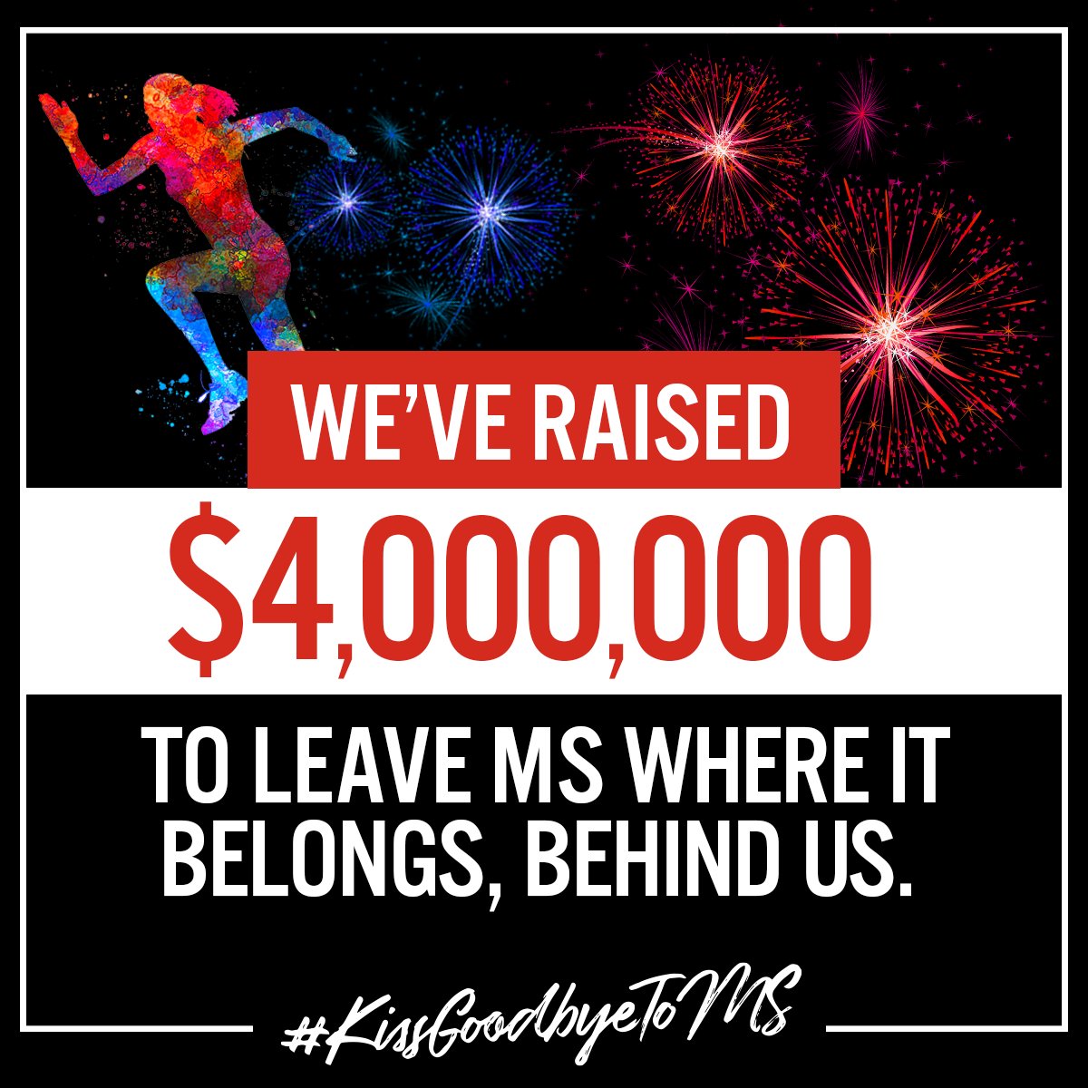 🌟YOU'VE RAISED $4 MILLION TO LEAVE MS BEHIND 🌟
It takes a really awesome community to band together and reach such massive goals, so WELL DONE! 👏

We can't wait to see what the rest of the month will bring for MS research!

#TheMay50K #KissGoodbyeToMS #RealMSResearch