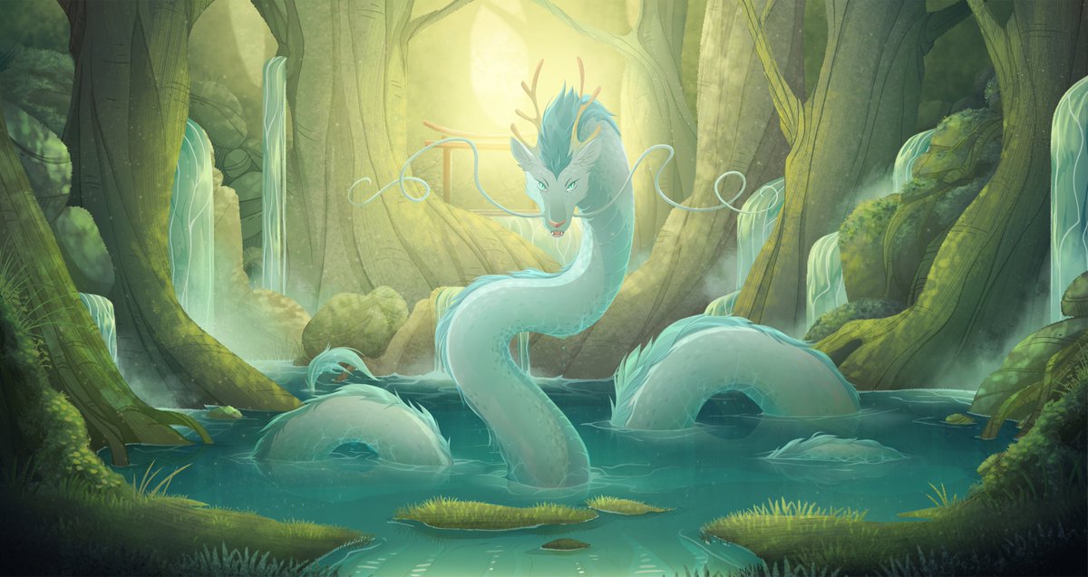 Arianwen44's tweet photo. THREE DAYS. I’ve been on a Ghibli binge....... and made a new character and a death-trap of a painting. I am way too happy with how this turned out! #digitalpainting #riverdragon #dragon https://t.co/bNb8jDrjZ7