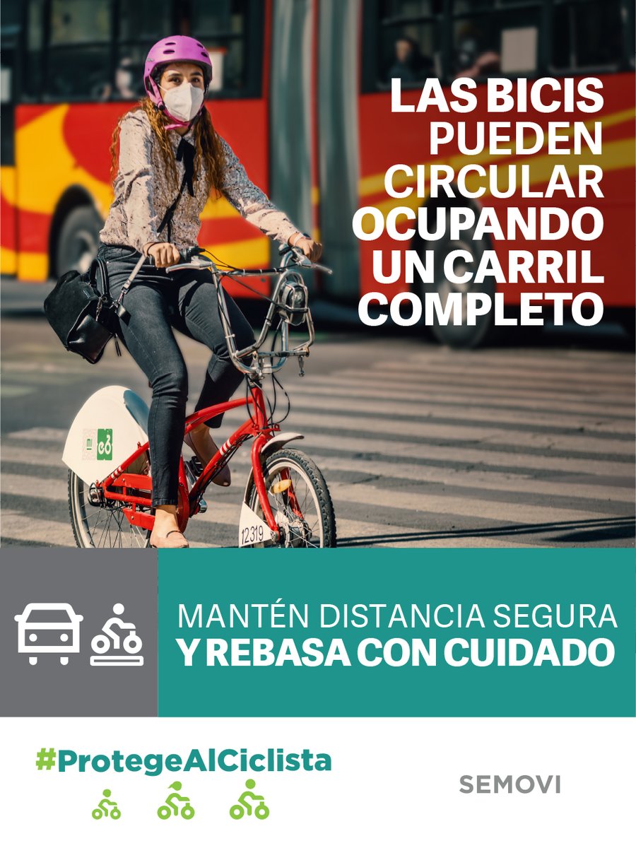 Las bicicletas 🚴‍♀️🚴‍♂️ también son un vehículo, por ello, pueden ocupar un carril completo. Respetar el espacio en la calle traerá una mejor convivencia. 👍

#ProtegeAlCiclista 🚲