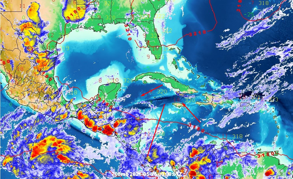 Onda tropical arribando al oriente de Centroamérica.

Análisis de 700mb muestra curvatura en el flujo, mostrando el eje de la onda.