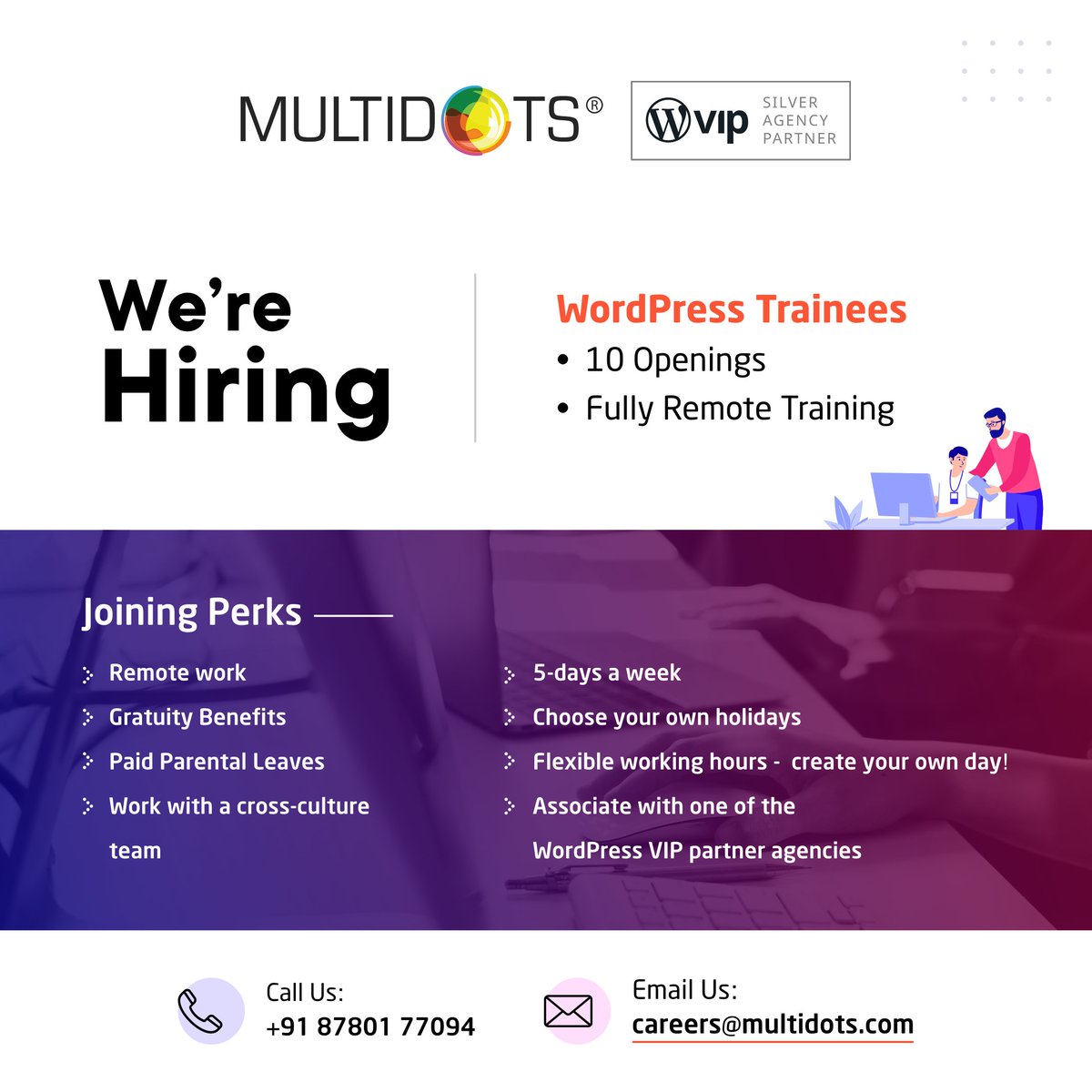 Multidots (@multidots) on Twitter photo Wake up & rise! Multidots is hiring WordPress trainees, if you’re keen to build your career with WordPress then this golden opportunity is for you. Grab it now!
Please do visit - careers.multidots.com or Just drop an email with your updated CV on careers@multidots.com
#hiring Wake up & rise! Multidots is hiring WordPress trainees, if you’re keen to build your career with WordPress then this golden opportunity is for you. Grab it now!
Please do visit - careers.multidots.com or Just drop an email with your updated CV on careers@multidots.com
#hiring