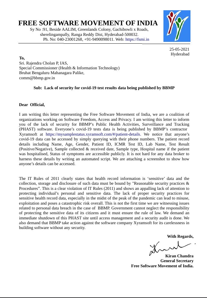 fsmi_in's tweet photo. @fsmi_in letter to the  @BbmpsplHealth BBMP Special commissioner in charge for Health and IT on lack of security for covid-19 test results data being published by BBMP

#DataSecurity

https://t.co/jnafLS1KN2 https://t.co/VqBjYakMbJ