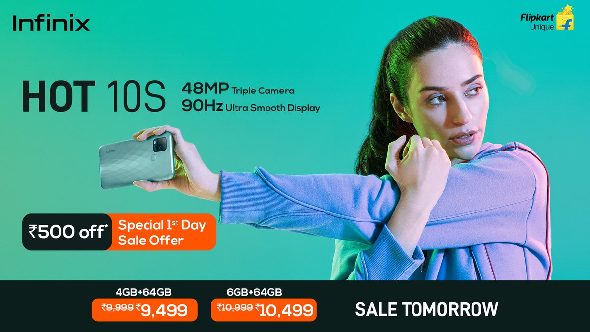 InfinixIndia's tweet photo. 1 day to go! Get #ALotExtra features, at a lot less price. Infinix Hot 10S available tomorrow at 12 Noon, only on @Flipkart.

Know more: https://t.co/OvoOhbA4PY https://t.co/AxKm3ase0n