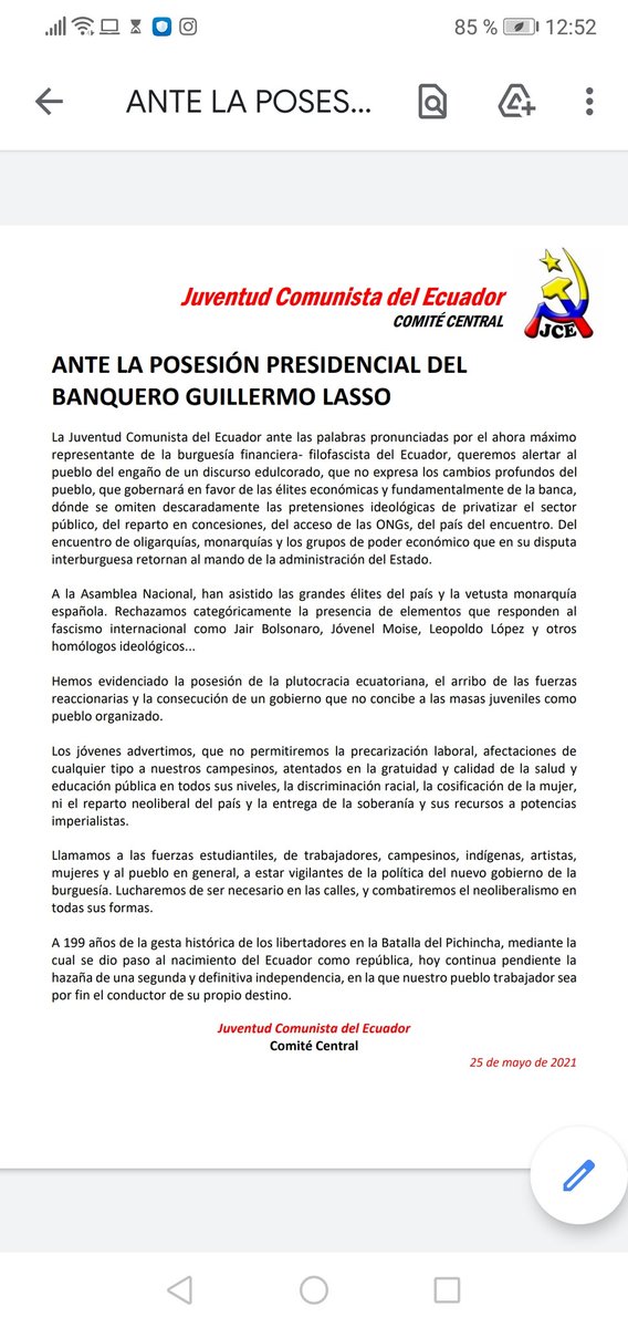 jcecuadorCC's tweet photo. Comunicado de la JCE ante la posesión presidencial del banquero Guillermo Lasso
#Ecuador #LassoEsMorenoRecargado https://t.co/jf5R5rKgTY