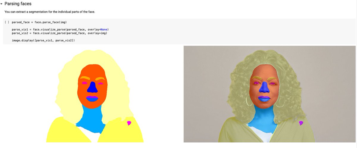 Processing faces in images, including detection, recognition, landmarking, and parsing. colab.research.google.com/github/ml4a/ml…