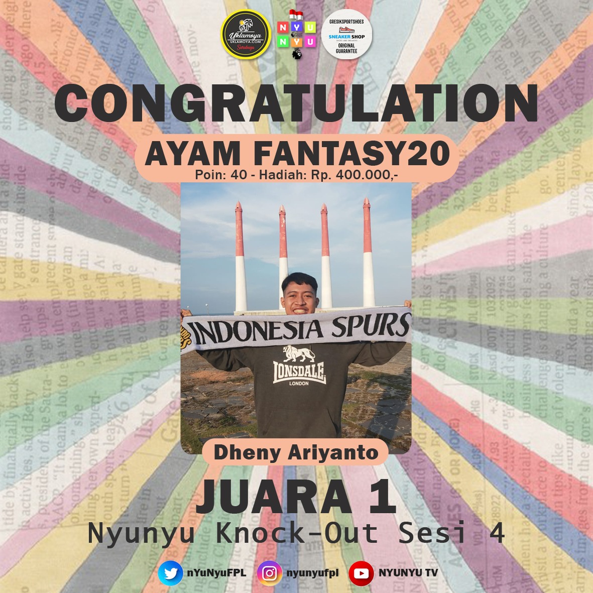 nYunYuFPL's tweet photo. Selamat buat THE WINNER &amp; RUNNER UP "Kampiun Nyunyu #FPL 2020/2021 untuk sesi ke-empat".

🏆JUARA 1: @AriyantoDheny
RUNNER-UP: @rahman06rock

JUARA 1 berhak mendapatkan reward sebesar Rp. 400.000, sedangkan untuk RUNNER-UP berhak mendapatkan reward sebesar Rp. 100.000 

-CEK DM- https://t.co/Mll5At9Jdo