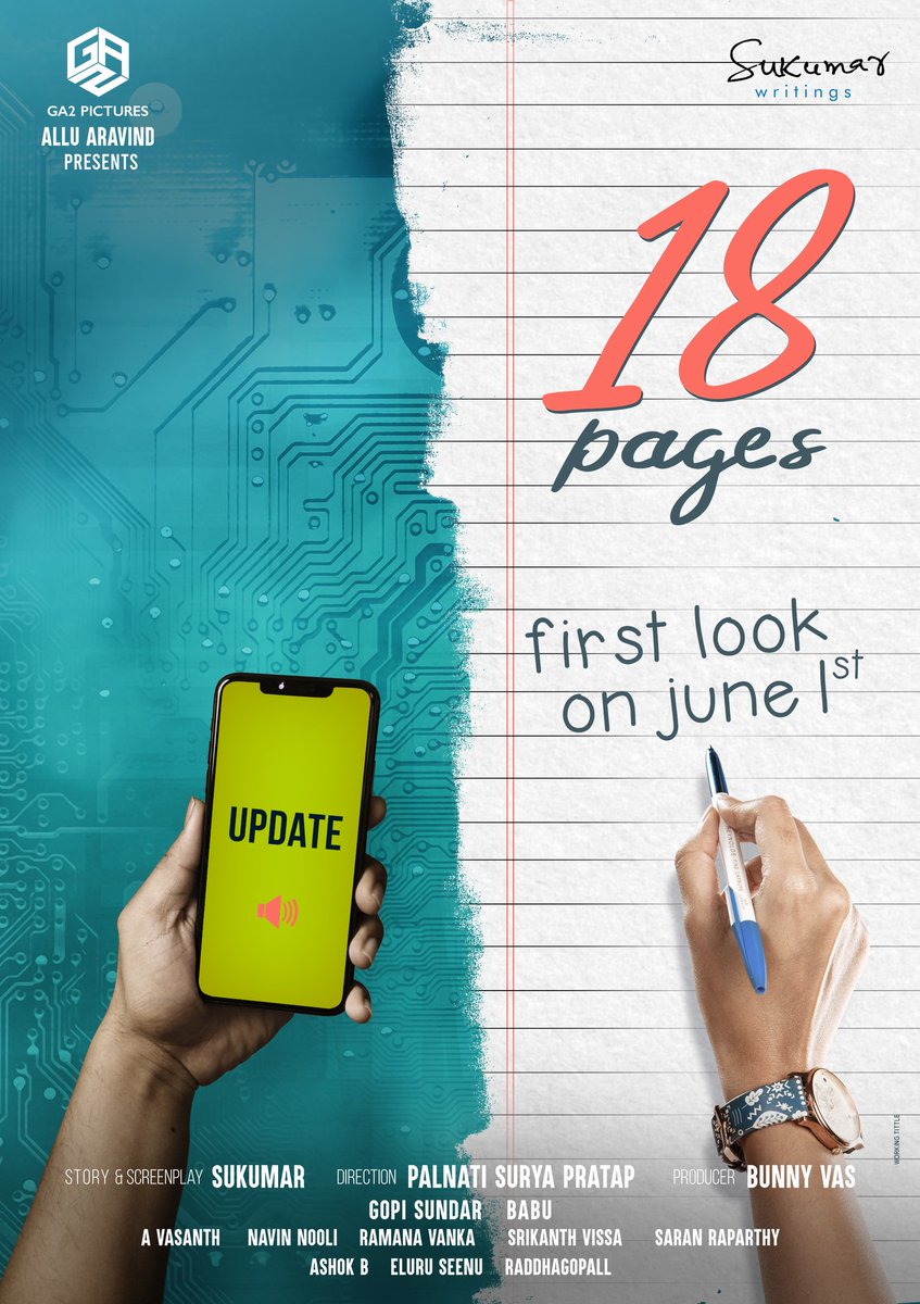 GA2Official's tweet photo. It is time now to reveal the next chapter from #18Pages! 

#18PagesFirstLook on 𝗝𝗨𝗡𝗘 𝟭𝘀𝘁 ✨📑
Advance Birthday Wishes to our Hero @actor_Nikhil 🤩

#AlluAravind @aryasukku @anupamahere @dirsuryapratap @GopiSundarOffl @NavinNooli #BunnyVas @raparthysaran @SukumarWritings https://t.co/8ZySQhpanH