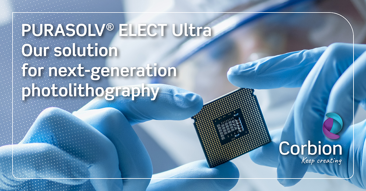CorbionBiochems's tweet photo. PURASOLV ELECT Ultra, our highest-quality ethyl lactate, reduces metal content to the ultra-low levels that are essential in the next-generation semiconductor production.

#microelectronics #photolithography #semiconductorproduction #electronicgradesolvents #biobasedsolvent https://t.co/AIKmVROL5u