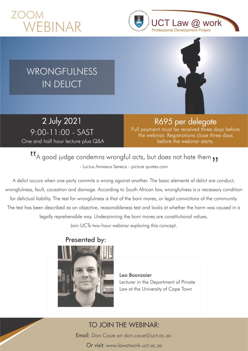 go_legal's tweet photo. A delict occurs when one party commits a wrong against another. Leo Boonzaier, lecturer in the Department of Private Law at UCT will be exploring this concept. @UctLaw @UCT_Law_at_work #UCT #law #delict #wrongfulness #fault #damage
https://t.co/JRSXd3jt2f https://t.co/nTmk6pjqkX