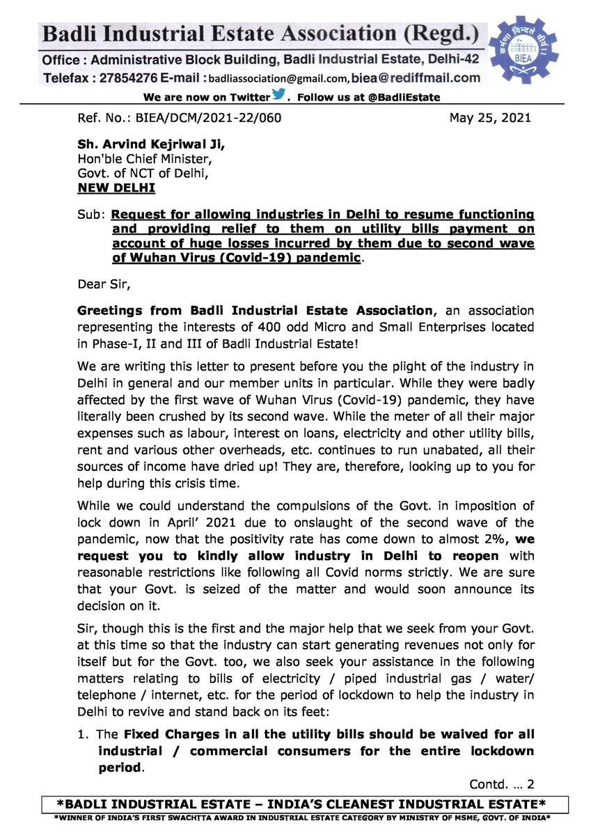 BadliEstate's tweet image. @ArvindKejriwal @CMODelhi with Covid +ity rate down to 2%, pl allow ind in Delhi to reopen. We are largely Micro&amp;amp;Small units who having borne brunt of 1st wave of Covid &amp;amp; are suffering badly during 2nd wave. Pl also provide relief on utility bills as requested in attached letter