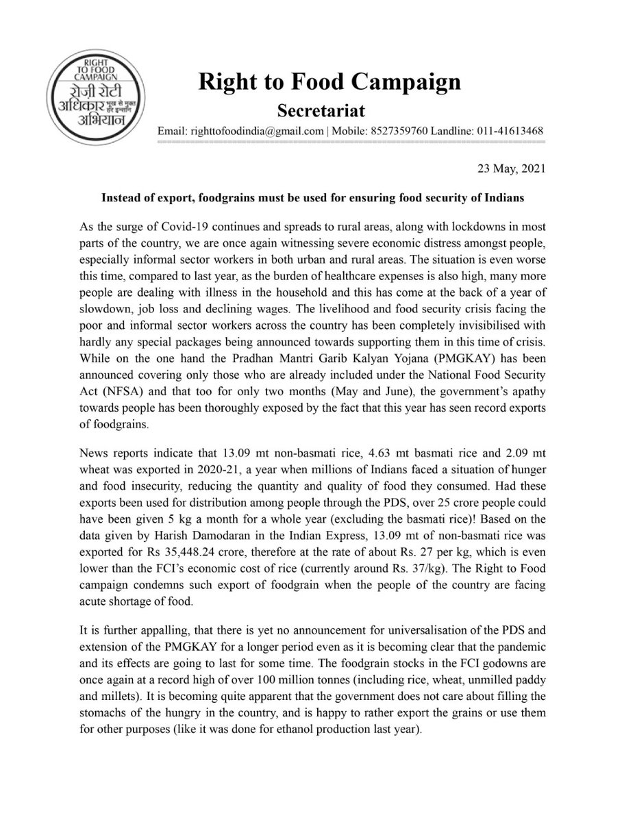 rozi_roti's tweet photo. Statement of the Right to Food Campaign condemning Export of Foodgrains during #COVID19 pandemic instead of distributing it to Indians.
We, demand for a #Universal_PDS
#Extended_PMGKAY https://t.co/GScALQeskn