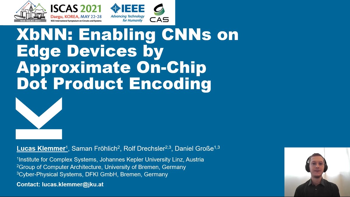Daniel_Grosse's tweet photo. You want to bring your Convolutional Neural Network on an edge device? At today's #ISCAS2021 Lucas Klemmer presents our novel Crossbar Neural Network (XbNN) architecture which "converts" TensorFlow CNNs to hardware accelerators. Read more at https://t.co/GdIGuz76F4 https://t.co/EzpWKQ15kU