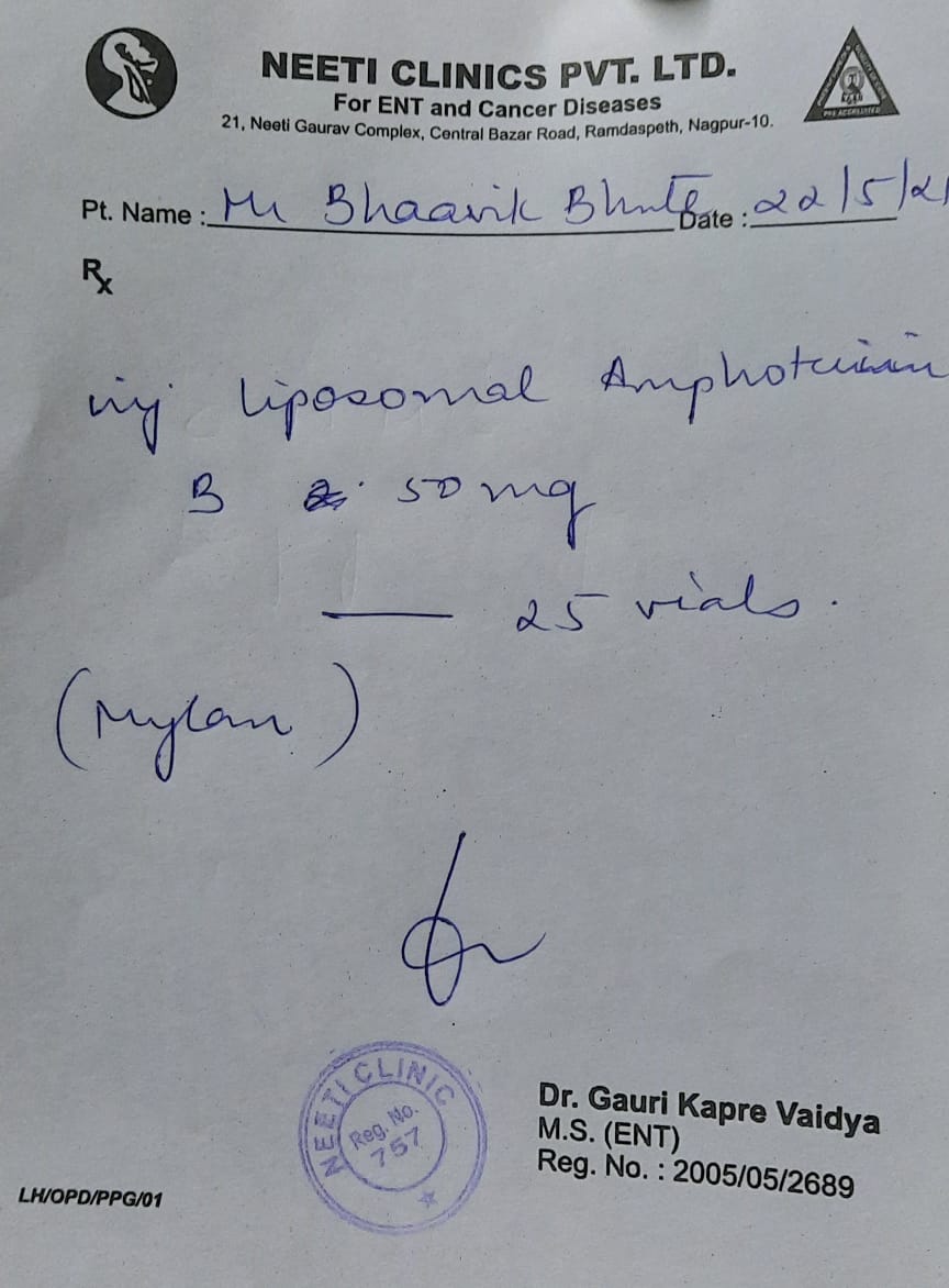 SunilBJYM_'s tweet photo. #Help Urgent Nagpur

Patients: Bhavik Bhute (26yr)
#Need: Liposomal Amphotericin B injection 

Hospital: Neeti clinics pvt. ltd. Ramdaspeth, Nagpur 10
Cont: 7240858980 Meena (sister)
Verified @Sahyog19_
@SonuSood @OfficeOfDKV
@SoodFoundation @nitin_gadkari @priyankac19
 @nagpurcp https://t.co/O5aosdb4mj
