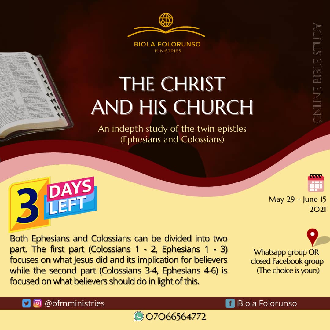 bfmministries's tweet photo. (Colossians 3-4, Ephesians 4-6) is focused on what believers should do in the light of what Jesus has done.
Rights and privileges, on one hand, responsibilities on the other hand...2/2

#TwinEpistles 
#OnlineBibleStudy 
#3daystogo https://t.co/4KLbc1RiGm