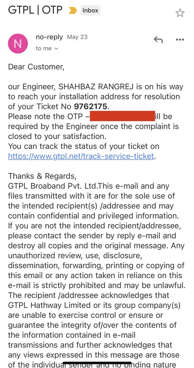 HarshKagrana's tweet photo. Ticket No#9762175. Complain: 21st May. Internet not working: 19th May. called 20 times, but same reply has been given from customer care. Please be patient work is in progress. 

Got a email from support. But no one has turned up yet. Pathetic service #gtpl #gtplhathway https://t.co/XDX9P8F8TV