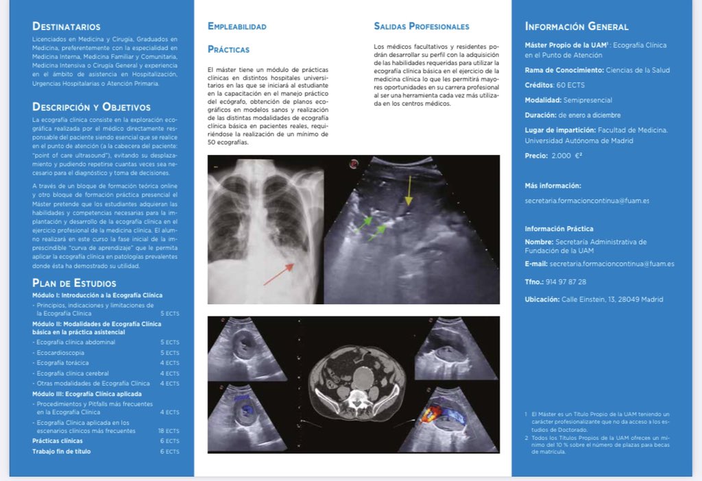 Yale Tung-Chen (@yaletung) on Twitter photo Máster en ecografía clínica <a href="/UAM_Madrid/">UAM Autónoma Madrid</a>
- Formación teórica online y práctica presencial
- Adquiriendo la imprescindible “curva de aprendizaje” inicial para su desarrollo en el ejercicio profesional
Ya disponible preinscripción y matrícula.
uam.es/CentroFormacio… #POCUS Máster en ecografía clínica <a href="/UAM_Madrid/">UAM Autónoma Madrid</a>
- Formación teórica online y práctica presencial
- Adquiriendo la imprescindible “curva de aprendizaje” inicial para su desarrollo en el ejercicio profesional
Ya disponible preinscripción y matrícula.
uam.es/CentroFormacio… #POCUS