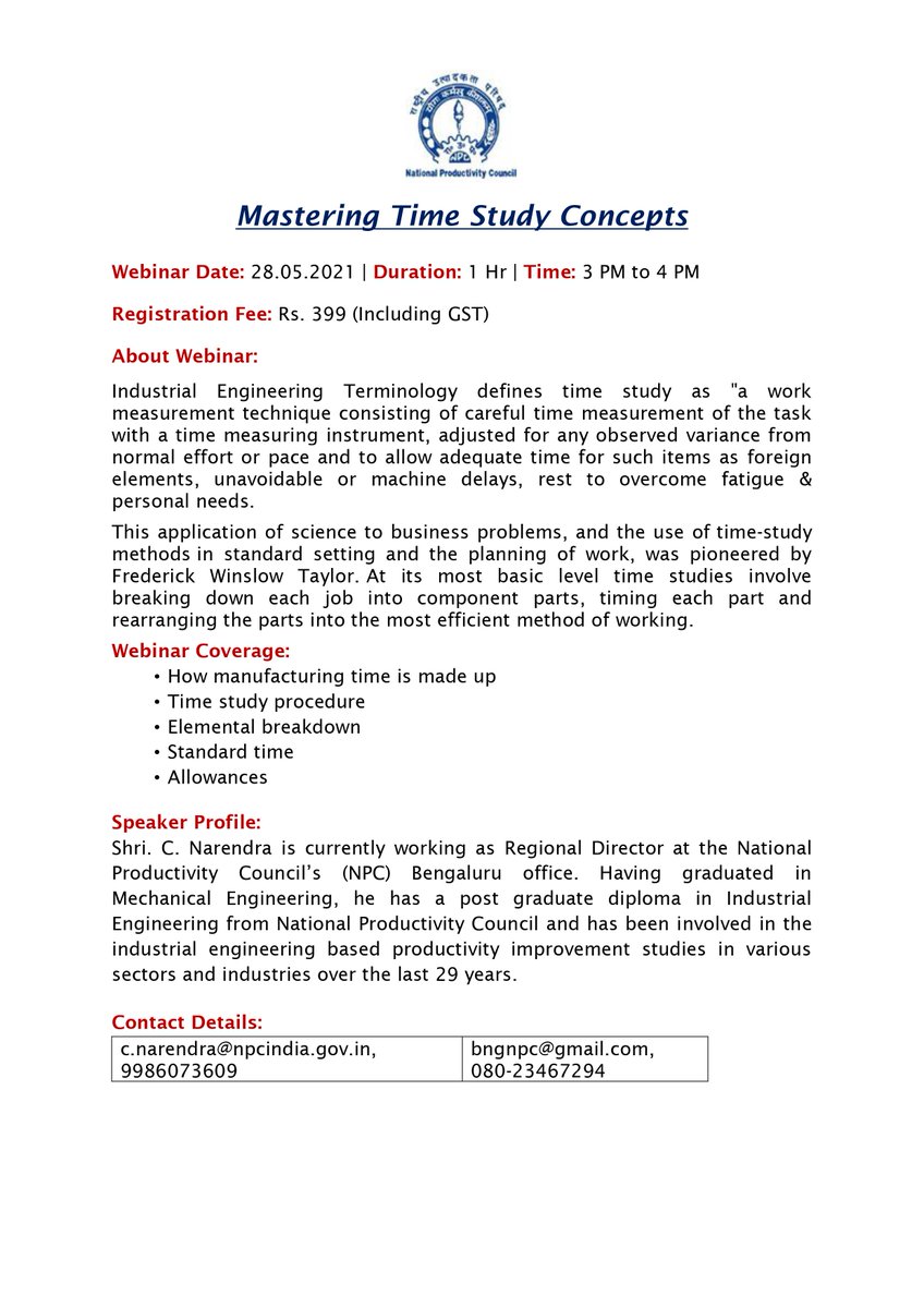 NPC_INDIA_GOV's tweet image. Join @NPC_INDIA_GOV webinar on &quot;MASTERING TIME STUDY CONCEPTS&quot;
Date &amp;amp; Time: 28-05-2021 (03:00 PM to 04:00 PM)
To Register: npcindia.gov.in/NPC/User/webin…
Fee: Rs 399/-
Contact: c.narendra@npcindia.gov.in, 9986073609
#npcindia  #timestudy #knowledge #learning