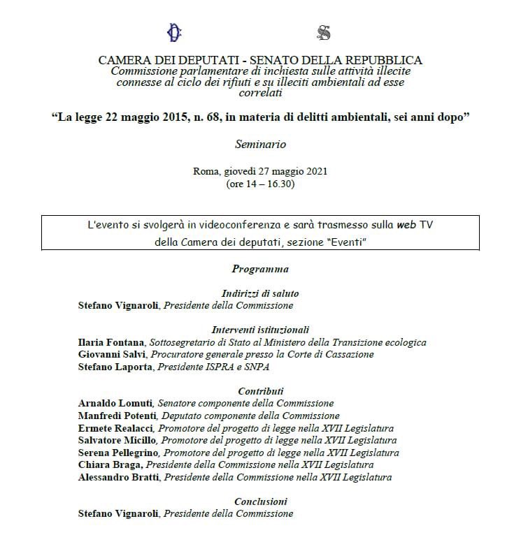 A sei anni dall'approvazione della legge 68/2015 sugli #ecoreati, la Commissione organizza un webinar di confronto sul tema giovedì 27 maggio 2021 alle ore 14, in diretta streaming su webtv.camera.it
@MiTE_IT <a href="/Montecitorio/">Camera dei deputati</a>