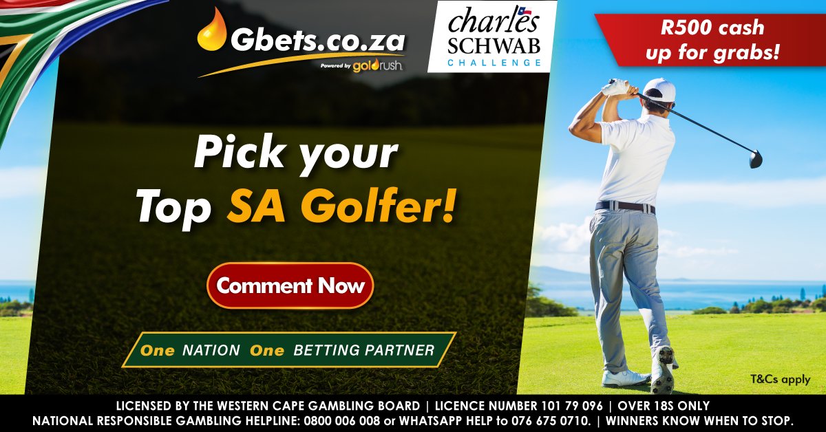 R500 up for grabs in the #SAPride Promo! 
Pick your favorite #SouthAfricanGolfer before last tee-off on 27 May & if he finishes the #PGA #CharlesSchwabChallenge as Top #SAGolfer, you stand to win R250 Cash in your #Gbets Account! Bet Now & Live In-Play on all the weekend action!