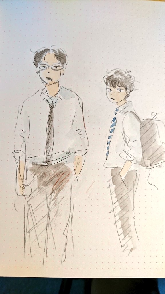 感想コメント、ありがとうございます!ほんと励みになります～。お礼に「ひらやすみ」描く前にちょっと考えただけの「教師と生徒のブロマンスもの」のイラストです。 