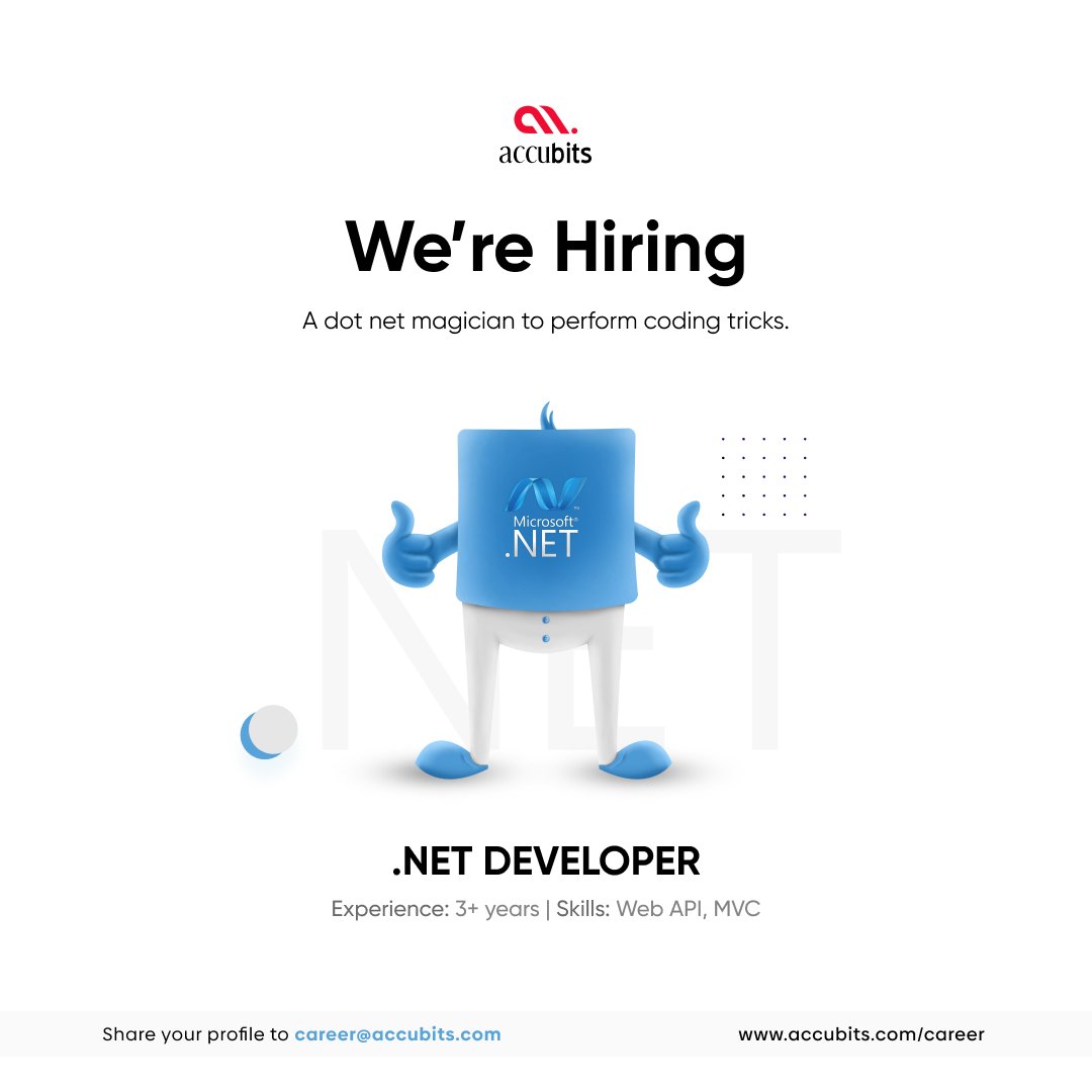 accubits's tweet photo. We have a spot for a dot net magician.
Cast your resumes to career@accubits.com to earn your spot.
#accubits #7billioncreativeminds #Hiring #career #dotnet #dotnetdeveloper #webapi #mvc https://t.co/sVzdsnzhLI