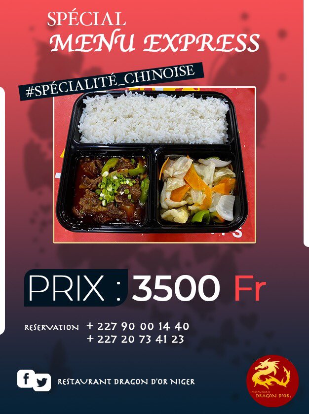 Dragondorniamey's tweet photo. Menu express is BACK !
Nous relançons notre offre spéciale pour midi .
Heure : 12h
📌prix : 3500fr
Commande et livraison : +227 82 80 08 33 / 90 00 14 40.
#dragondor #Menuexpress #midi #Gourmet #Niger https://t.co/afT3Vv1sxP