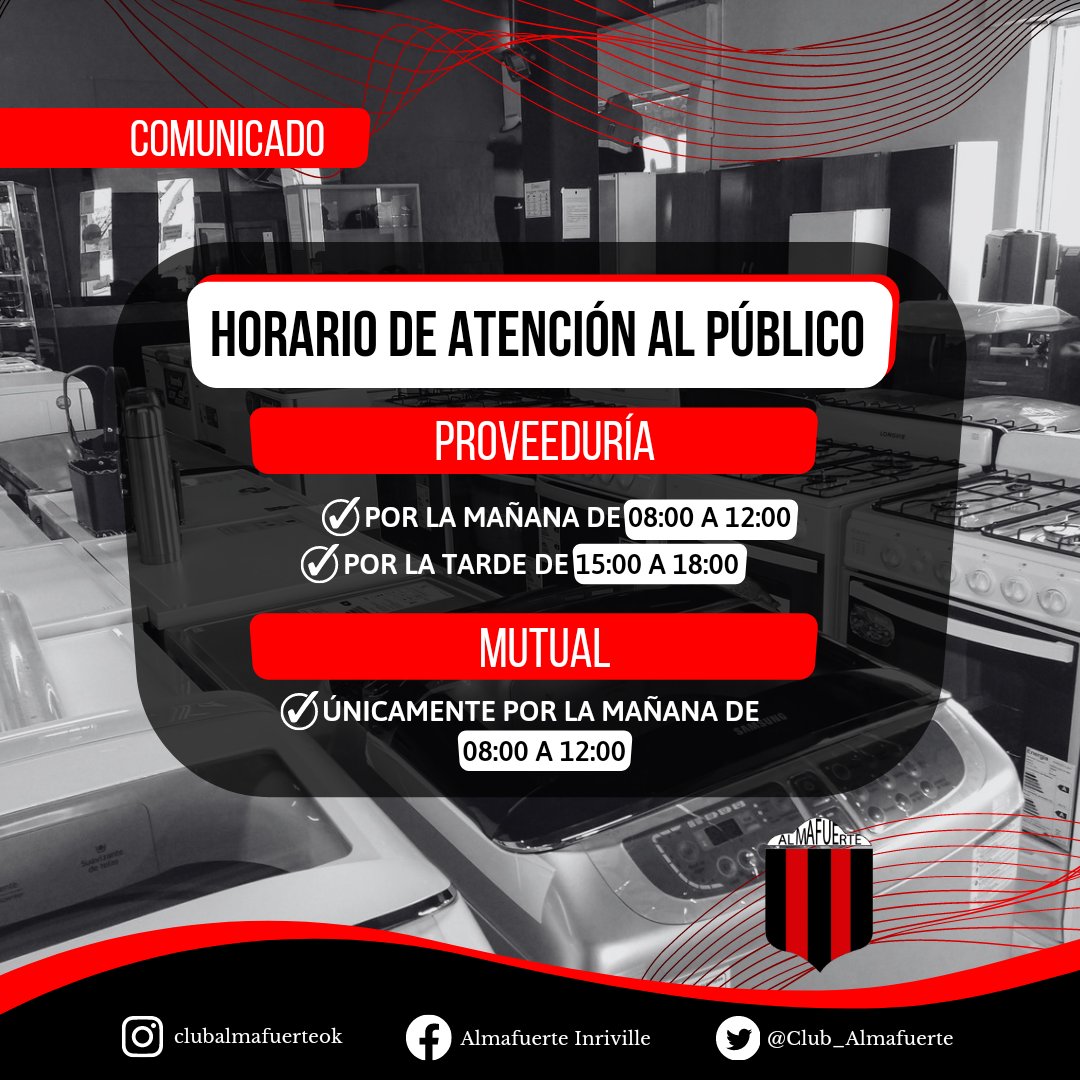 Club_Almafuerte's tweet photo. ⚠️ INFORMACIÓN IMPORTANTE

🕥Horario de atención al público‼️

#nuevasmedidas #horarios #atención #atencionalcliente 

CM: @@lucianomari_ok 
@almafuertehogar https://t.co/oyyoqRqvzT