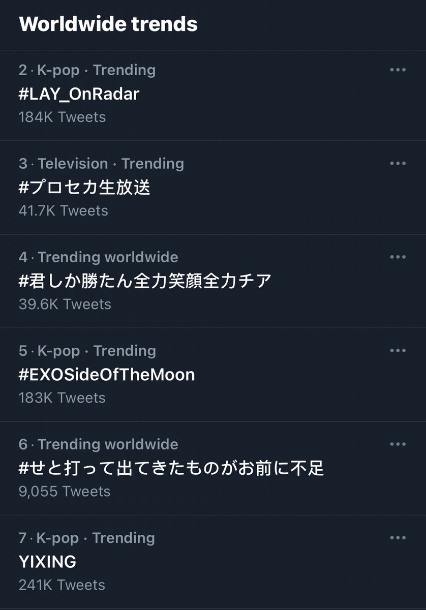 intexol_team's tweet photo. 210526 [TREND] #EXO Worldwide Trends:

2. #LAY_OnRadar 
5. #EXOSideOfTheMoon 
7. YIXING 
22. EXO ECLIPS

Keep tweeting let’s goo ❤️

@weareoneEXO @layzhang #DONT_FIGHT_THE_FEELING https://t.co/invRqs3G0H