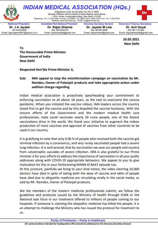 ndtv's tweet photo. IMA in a letter to PM Modi, "Misinformation campaign on vaccination by Patanjali owner #Ramdev should be stopped. He claimed that 10,000 doctors and lakhs of people have died despite taking both doses of vaccine. Action under sedition charges should be taken against him"

(ANI) https://t.co/sqpbxbKPEw
