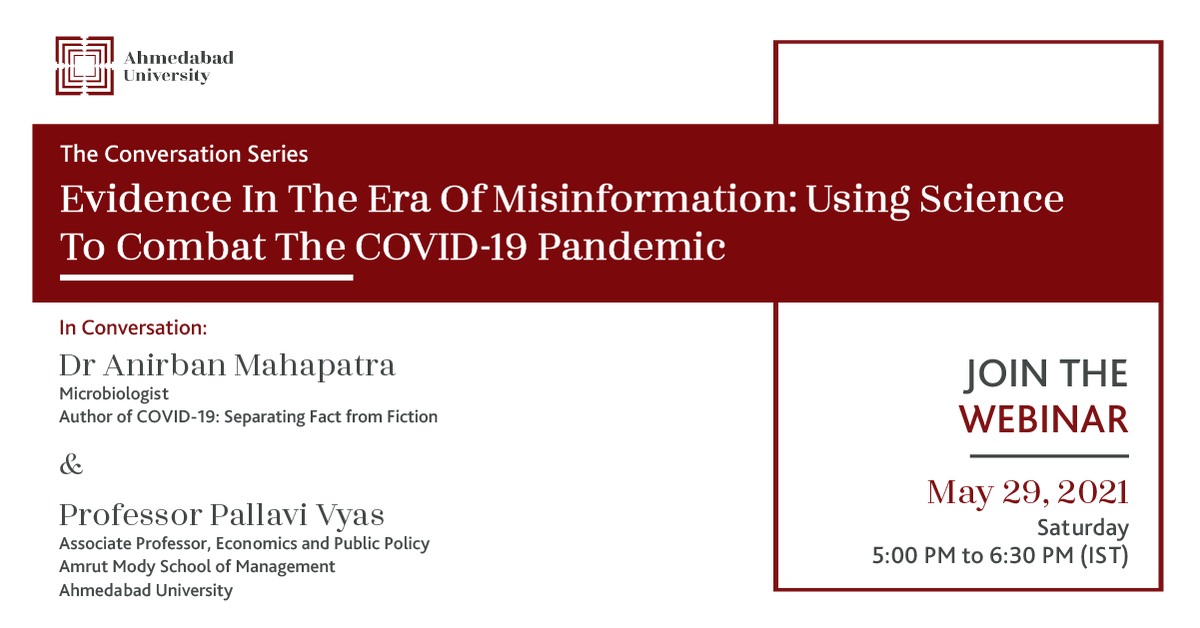 AhdUniv's tweet photo. At the next session of The #ConversationSeries, the focus will be on ‘Evidence In The Era Of Misinformation: Using #Science To Combat The #COVID-19 Pandemic’. The webinar will be held on May 29, 2021. Register: https://t.co/3xu5wsFNqe https://t.co/acUOQY0lxZ