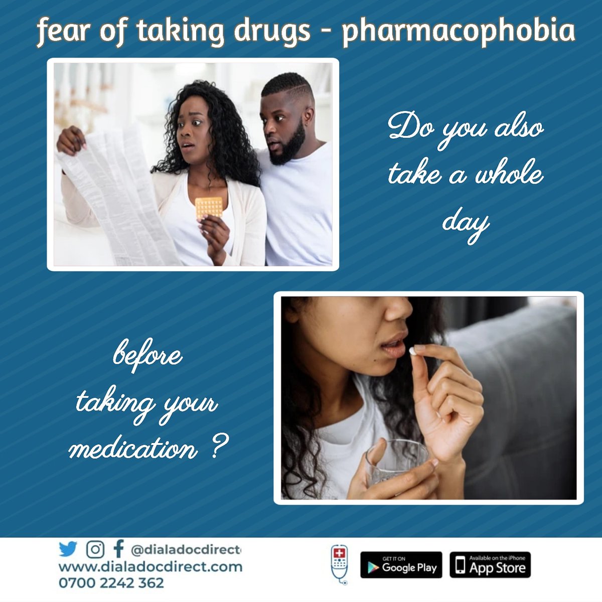 dialadocdirect's tweet photo. Now is your chance to get healthy tips from a health professional on easy ways to overcome this fear because if you don't take your drugs, how then can you get healthy?Dial a doc now!!  #health #drugs #medicine #medication #telehealth #doctor #healthy #body #easy #abia #abiastate https://t.co/Lljy2V5zqY