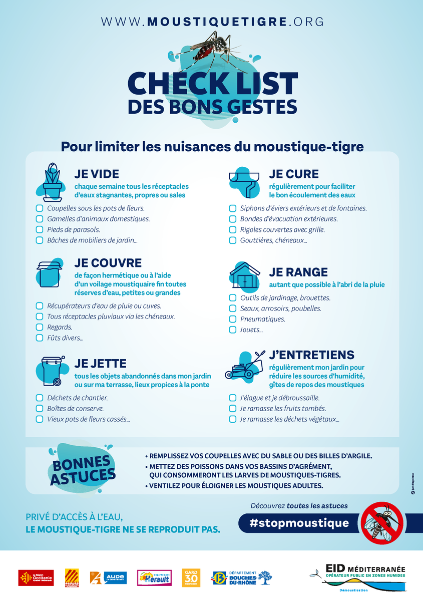 🦟Prévention #MoustiqueTigre
Il existe des gestes simples à adopter pour se prémunir du moustique tigre
Suivez la #CheckList ☑️ de l'<a href="/EIDMediterranee/">EID Méditerranée</a> pour vous aider dans l'entretien de vos espaces extérieurs
❌ Pas d’eau 💧 ❌pas de moustiques 🦟
