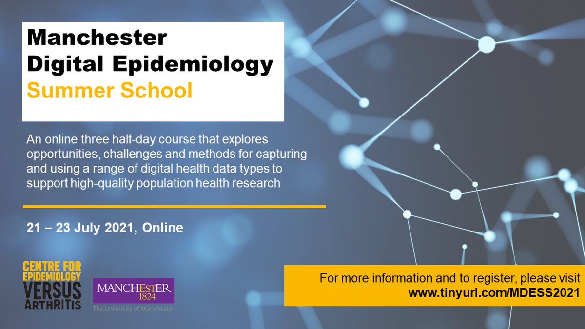 #Manchester #Digital #Epidemiology #Summer #School (21 – 23 July 2021) registration is now open!

#MDESS2021 is an online 3 half-day course where participants will learn all about how to capture and use #digital #health #data. 

Learn more &amp; Register ➡ tinyurl.com/MDESS2021