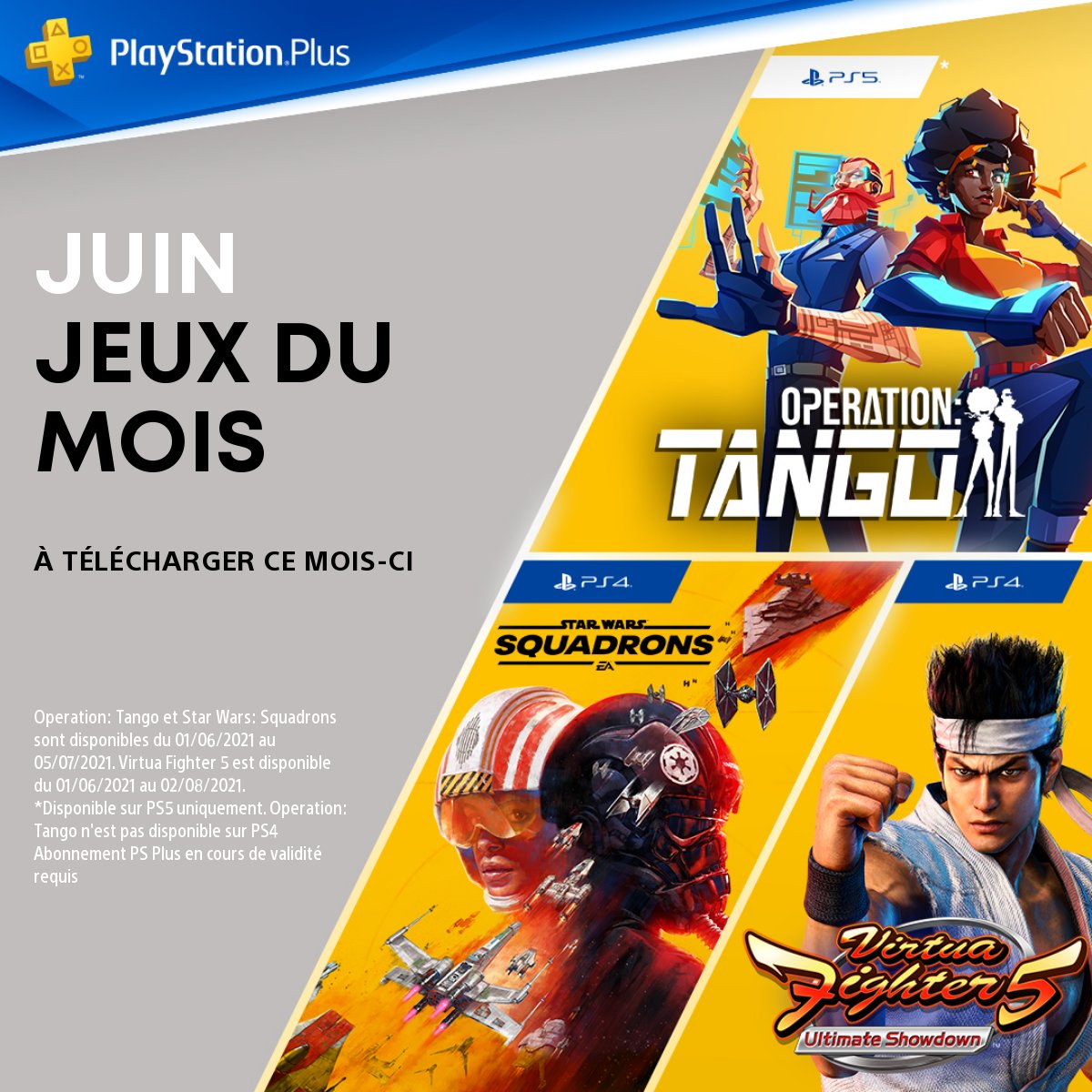 PlayStation France on Twitter: "Vos prochains jeux PlayStation Plus seront disponibles le 1er ! Les voici : • Operation: Tango (PS5) • Star Wars Squadrons (PS4) • Fighter 5 Ultimate