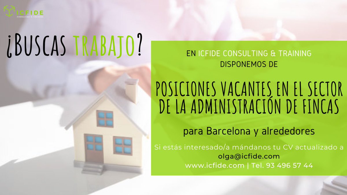icfide's tweet image. ¿Buscas #trabajo? ¿Tu sector es la #administración de #fincas?
¡En ICFIDE queremos conocerte!

✅Si quieres #cambiar, #mejorar o #encontrar #empleo 
✅Vives en #Barcelona o alrededores

Inscríbete en #infojobs o envíanos tu #CV actualizado a olga@icfide.com

¡Te esperamos!