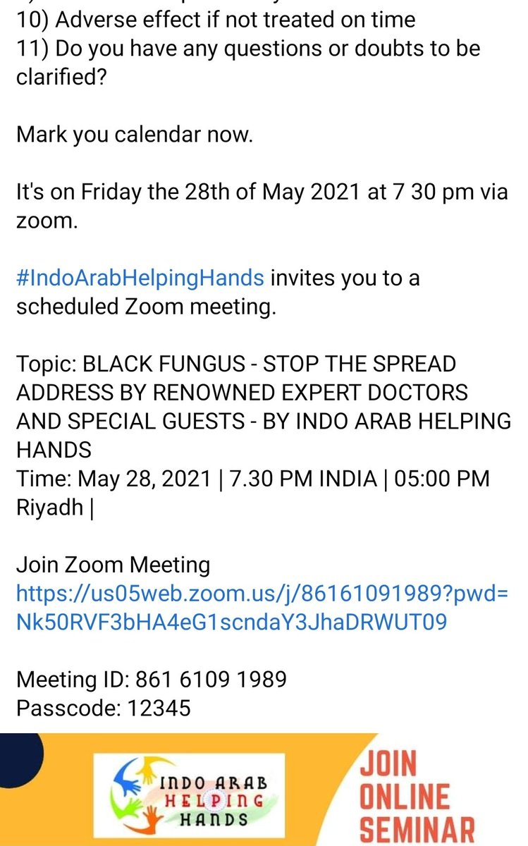 asiframeez's tweet photo. Get Medical advice on #BlackFungus 
#IndoArabHelpingHands organizes an #Awareness campaign as attached.
Thanks @anurradhaprasad @RubikaLiyaquat @prernakaul @nistula @vinay1011 #AlwaysHereForYou #SaathiHaathBadhana #MyFarishta
@suhasinih @Geeta_Mohan  @SanjayBragta @mewatisanjoo🙏 https://t.co/NsJrbwvRXf