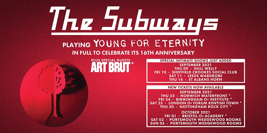 Gigantic Tickets (@gigantic) on Twitter photo NEW: <a href="/thesubways/">The Subways</a> have added some intimate UK shows to their ’Young For Eternity’ 16th Anniversary tour this autumn. With special guests <a href="/Art_Brut_/">ArtBrut</a> ❤️🎶
Tickets for <a href="/giveitsomewelly/">The Welly</a> & <a href="/CrookesSocial/">Crookes Social Club</a> available Friday by setting an event reminder at bit.ly/3yzYsm1 NEW: <a href="/thesubways/">The Subways</a> have added some intimate UK shows to their ’Young For Eternity’ 16th Anniversary tour this autumn. With special guests <a href="/Art_Brut_/">ArtBrut</a> ❤️🎶
Tickets for <a href="/giveitsomewelly/">The Welly</a> & <a href="/CrookesSocial/">Crookes Social Club</a> available Friday by setting an event reminder at bit.ly/3yzYsm1