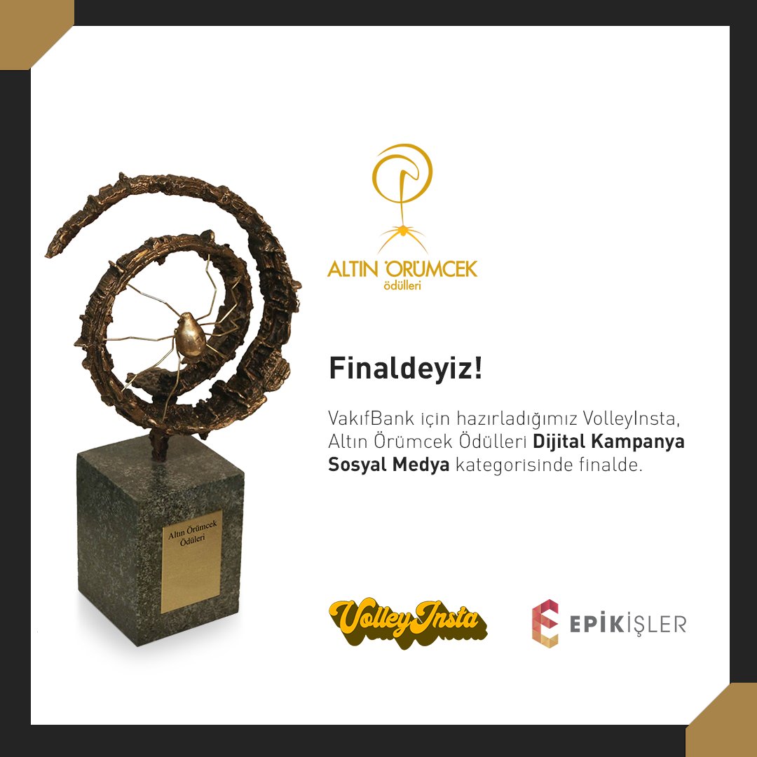 Finaldeyiz! VakıfBank için hazırladığımız VolleyInsta, Altın Örümcek Ödülleri'nde Dijital Kampanya - Sosyal Medya kategorisinde finalde🏆
#AltınÖrümcek #AklındaNeVar