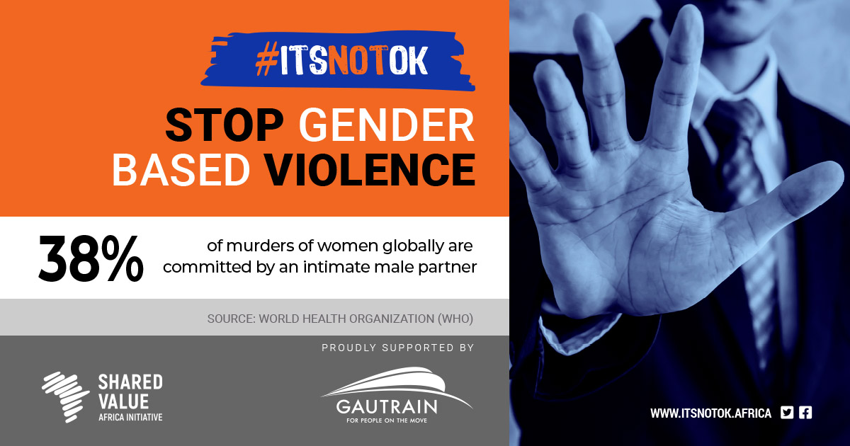 #ITSNOTOKAfrica! STOP Gender-based Violence. Globally, 38% of all murders of women are committed by an intimate male partner, according to the <a href="/WHO/">World Health Organization (WHO)</a>  - #GBV #ITSNOTOK <a href="/TheGautrain/">Gautrain</a> <a href="/SVAIAfrica/">Shared Value Africa</a>