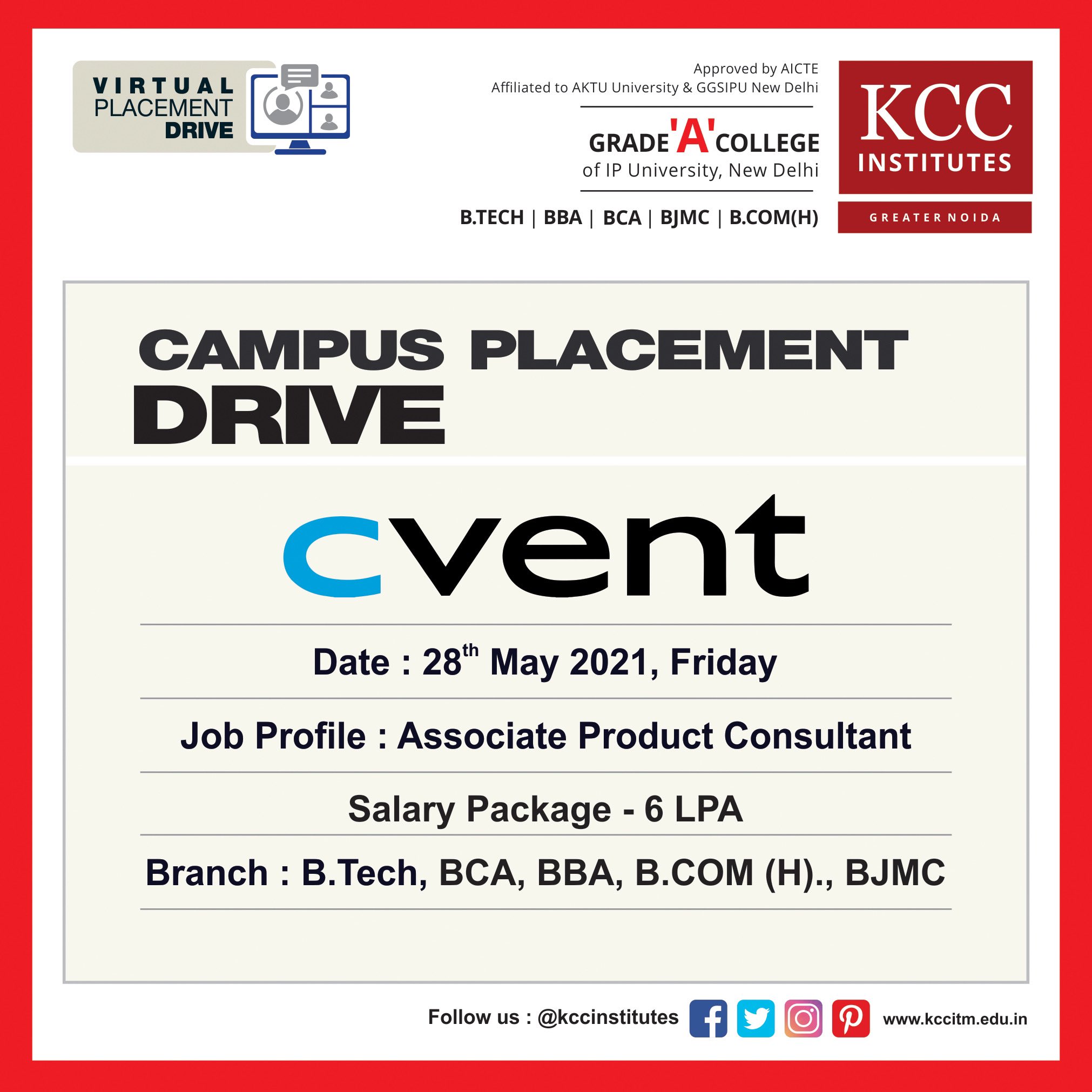 Kcc Institutes Campus Placement Drive For Cvent On 28th May 21 Friday Branch B Tech a a om H Bjmc Job Profile Associate Product Consultant Salary Package 6 Lpa Kcc
