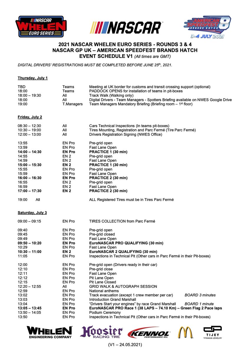 EuroNASCAR's tweet photo. 🔔 Your schedule for the July 3-4 #NASCARGPUK🇬🇧 at @Brands_Hatch @BrandsSpeedFest is OUT!

⏰ https://t.co/B8HVf6rVjl

#NASCAR #EuroNASCAR #PureRacing #NWES https://t.co/arfps4oM6Q