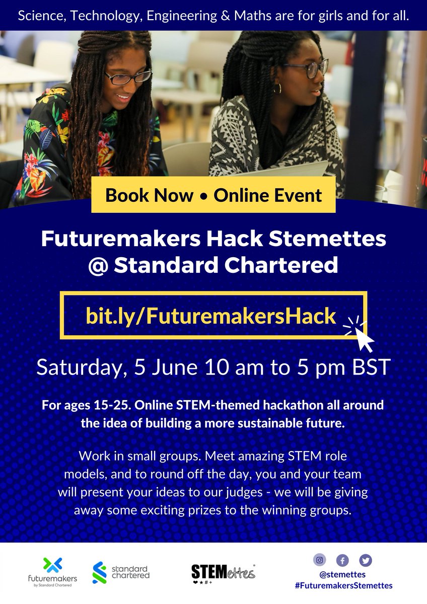 Stemettes's tweet photo. Please help @Stemettes spread the word to young women in Liverpool 🌱👩🏽‍💻 online STEM-themed hackathon #sustainability coding event. @LiverpoolLEP @MayorLpool @womenintech 

🗓 Sat, 5 June
🤩 For ages 15-25

#WomenInSTEM
#FuturemakersStemettes https://t.co/Q1pmTj3GOW
