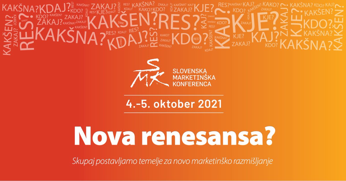 [SMK 2021] Marketingaši smo se v zadnjem letu morali navadili še hitreje reagirati na spremembe. Spreminjanje razmer pa zahteva nove načine razmišljanja.
Zato bomo oktobra  v Portorožu postavljali temelje za novo marketinško razmišljanje. #26SMK buff.ly/3dIUuyR