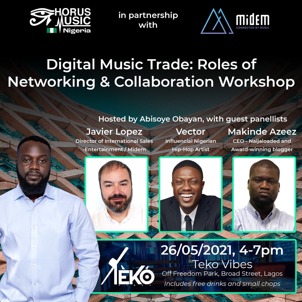 Today, 4PM to 7PM in Lagos, we are playing an integral part in advancing our music sector with full effect. Join us @HorusNigeria @midem @VectorThaViper @Naijaloadedotng Don’t miss it, be there!