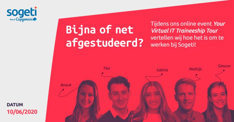 Bijna of net klaar met een IT-studie? 🧑‍🎓

Kom naar de virtual IT Traineeship Tour bij Sogeti op 10 juni, 15.00-16.30u! Hierin geven we je een virtuele rondleiding door Sogeti en kun je ervaren hoe het is om bij ons te werken.

Meld je aan! 👇
sogeti.nl/events/werken-…