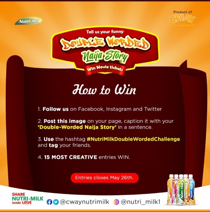 BensoCreations's tweet photo. Na so I come do gum gum follow follow my paddy paddy enter kabu kabu go buy goody goody and Nutri milk for my yori yori, she come jolly jolly well well. @EbireriPeter @emmy_papy @hollarsexzy @Winnerpraise3
#NutriMilkDoubleWordedChallenge https://t.co/PLrXQ31qw9
