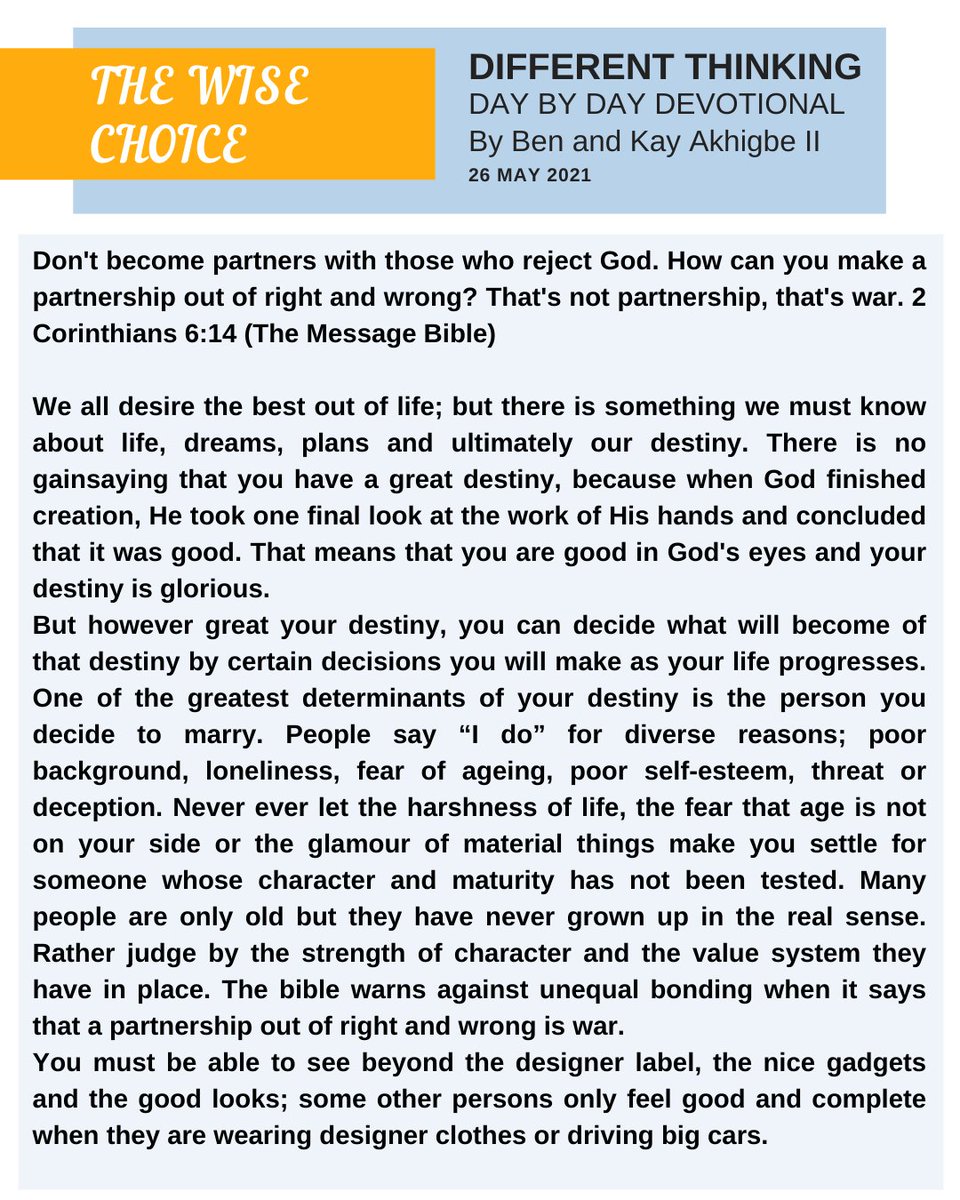 ffilekki's tweet photo. Shalom Family!

We are bringing to you, today's Different Thinking Day by Day Devotional by Ben and Kay Akhigbe II

Title: The Wise Choice

#FirmFoundation
#stretch2021
#differentthinking https://t.co/JaUeLIrGS5